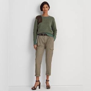 Lauren Ralph Lauren Faux Leather Trim Wool Blend Sweater Army Green Sz S NEW